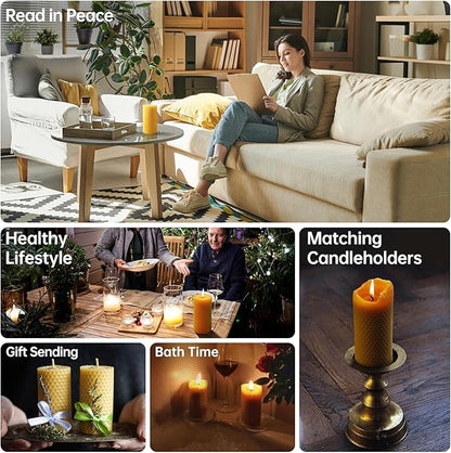 6 Packs Natural Beeswax Candles, Hand Rolled Honeycomb Beeswax Pillar Candles, Pure Bee Wax Gifts