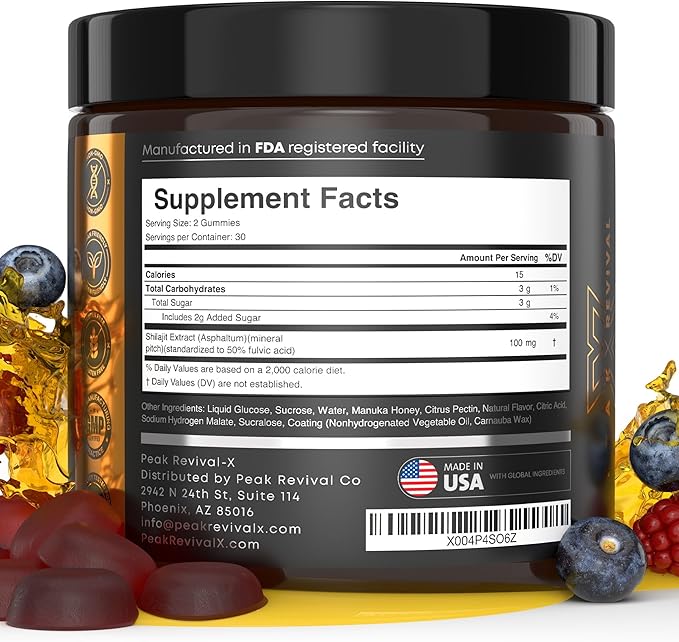 Peak Revival Shilajit Gummies with Manuka Honey, Mixed Berry Flavor, 60 Count, 100mg per Serving