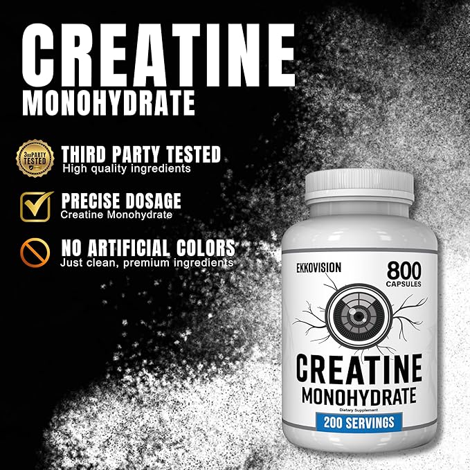 Ekkovision Creatine Monohydrate Capsules, Micronized, Unflavored Creatine Supplement for Men &