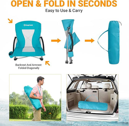 KingCamp Low Beach Chairs, Portable Folding Chair for Adults Extra Wide Ergonomic High Back Seat