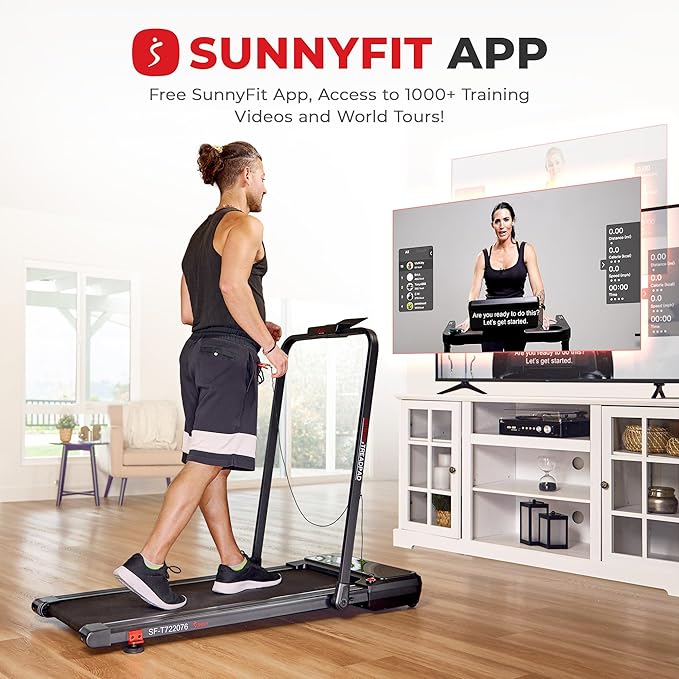 Sunny Health & Fitness Sleek Compact Smart Treadpad Treadmill with 6-Level Auto Incline, Remote