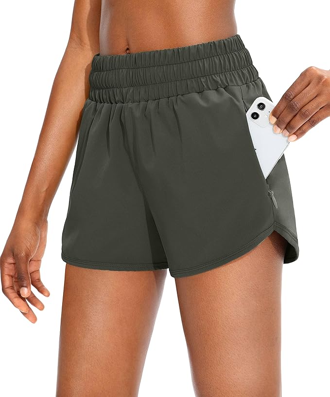 SANTINY Women's Running Shorts with Zip Pockets High Waisted Athletic Workout Gym Shorts for Women