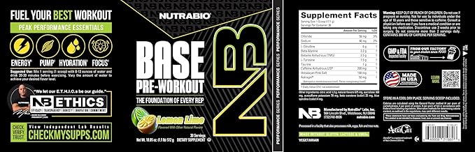 NutraBio Base Pre-Workout Powder 200mg Caffeine, Sustained Energy, Focus, Endurance, Pump, Sugar