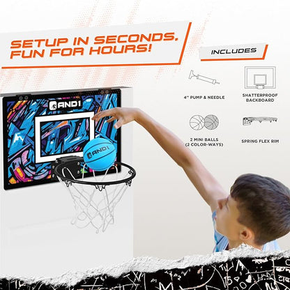 AND1 Over the Door Mini Basketball Hoop: 18x12 Shatterproof Backboard, 2 Mini Basketballs, and Hand