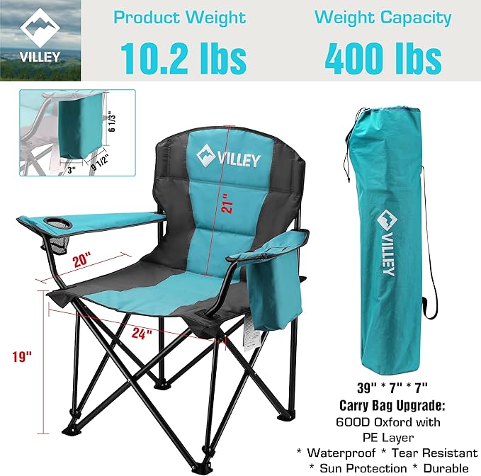VILLEY Camping Chair, Oversized Folding Camp Chair, Portable Outdoor Chairs Support 400 LBS with