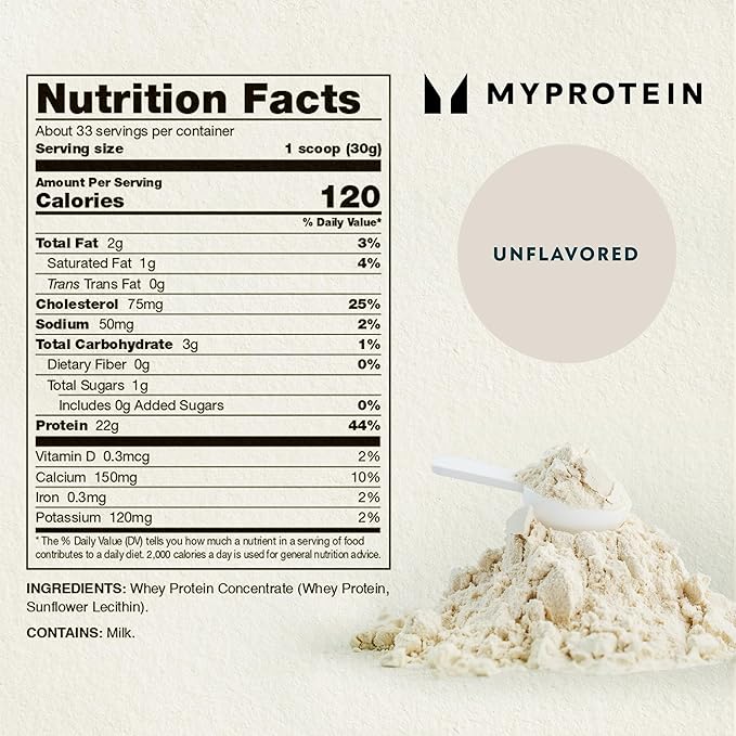 Myprotein Impact Whey Protein Powder, 2.2 Lbs (33 Servings) Unflavored, 22g Protein & 5g BCAA Per