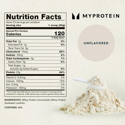 Myprotein Impact Whey Protein Powder, 2.2 Lbs (33 Servings) Unflavored, 22g Protein & 5g BCAA Per
