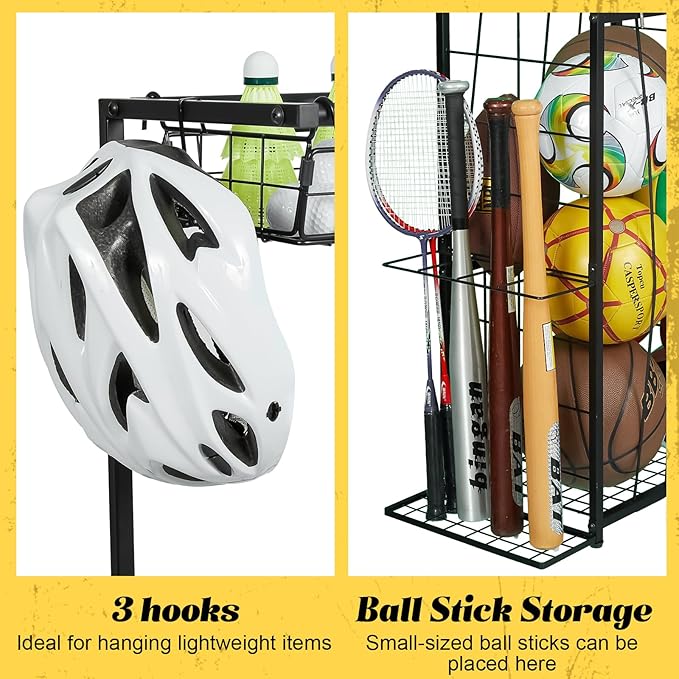 Sports Equipment Organizer, Small Garage Ball Storage Rack with Elastic Straps and 3 Hooks, Garage