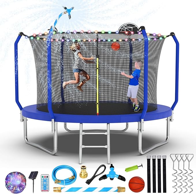 Upgraded Trampoline 8FT/10FT/12FT/14FT With Basketball Hoop, Light, Sprinkler, Stakes - Outdoor