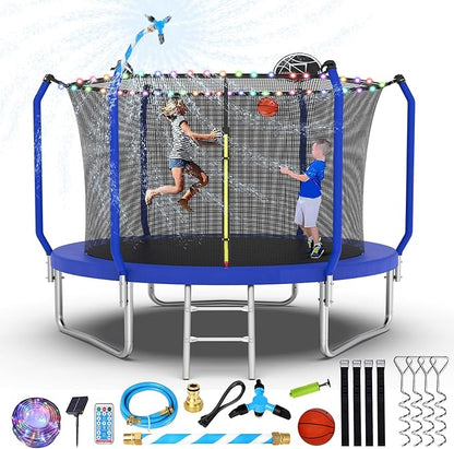 Upgraded Trampoline 8FT/10FT/12FT/14FT With Basketball Hoop, Light, Sprinkler, Stakes - Outdoor