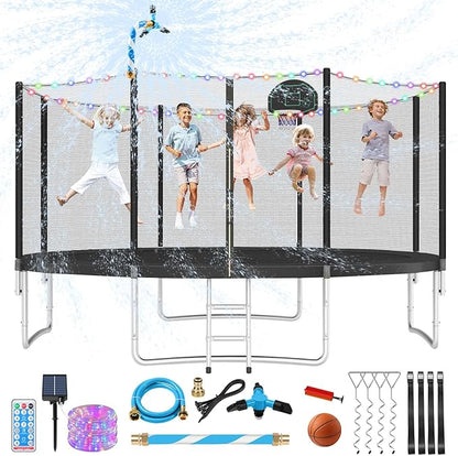 Upgraded 10/12/14/15/16FT Trampoline Outdoor, Large Kids Trampoline with Light, Stakes, Sprinkler