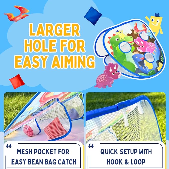 2 in-1 Dinosaur and Spaceship-Themed 27-inch Bean Bag Toss Game Set for for 1-2 Players, Backyard