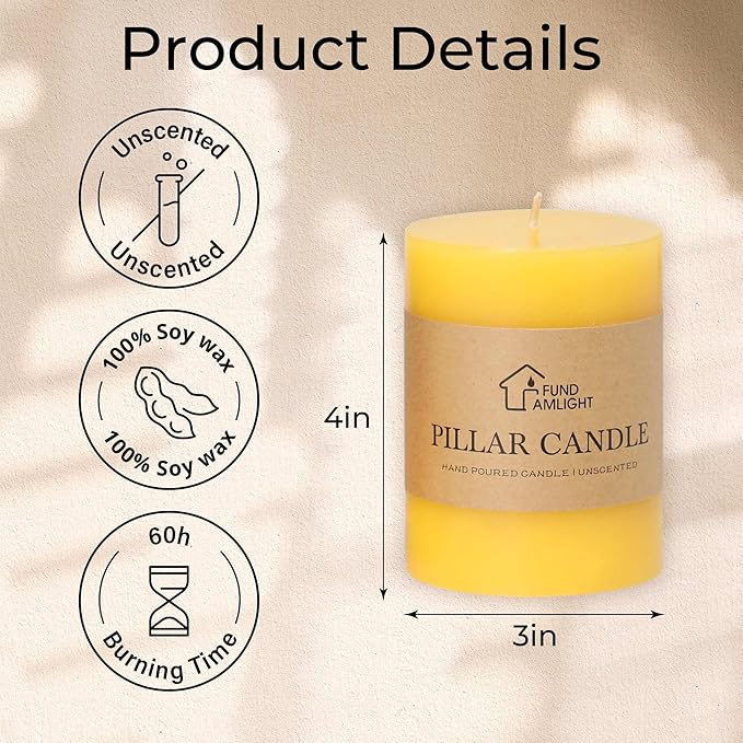 3x4 Inch Yellow Pillar Candles Set of 3 - Decorative Unscented Pillar Candle, Long Burning Dripless