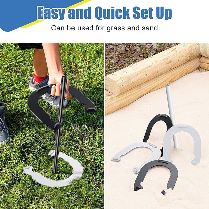 Horseshoes Outside Game for Kids, Metal Horse Shoes Game Kit Includes 4 Horseshoes 2 Stakes