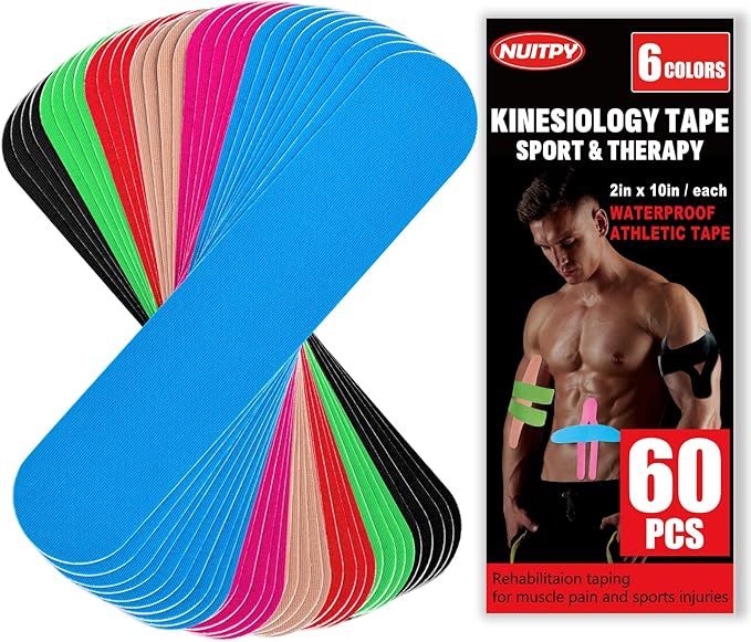60PCS Precut Kinesiology Tape Strips, 6 Colors 2 inch x 10 inch Cotton Athletic Tape, Kinetic Tape