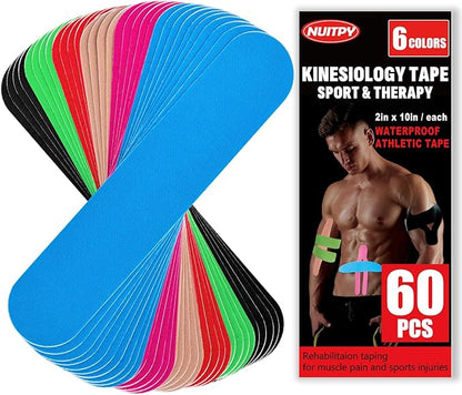 60PCS Precut Kinesiology Tape Strips, 6 Colors 2 inch x 10 inch Cotton Athletic Tape, Kinetic Tape