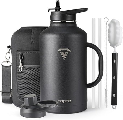 Half Gallon Water Bottle with Straw and Lid, 64 oz Insulated Stainless Steel Jug with