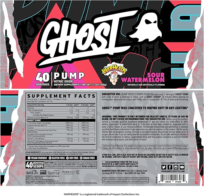 GHOST Pump Nitric Oxide Powder, Warheads Sour Watermelon - 40 Servings - Sugar & Stim-Free