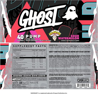 GHOST Pump Nitric Oxide Powder, Warheads Sour Watermelon - 40 Servings - Sugar & Stim-Free