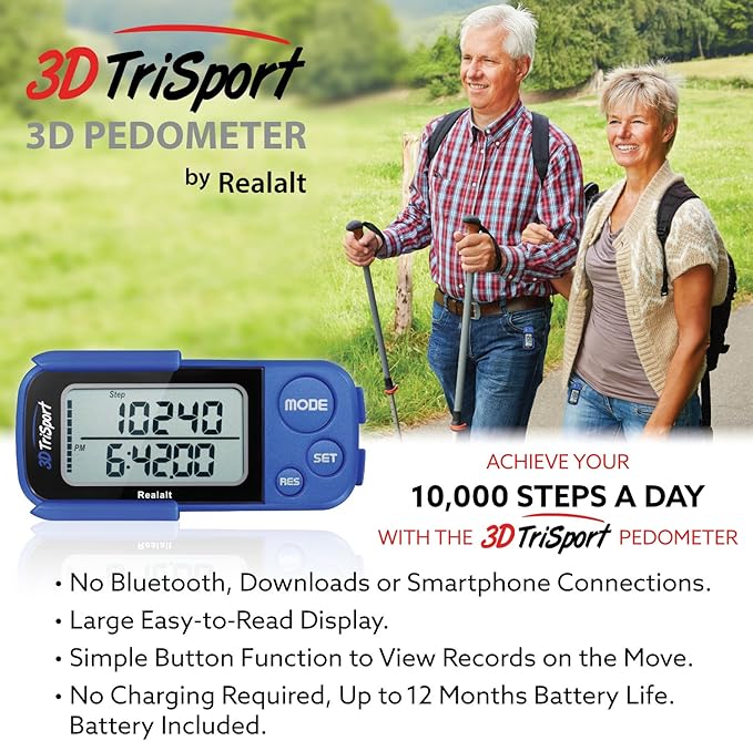 3DTriSport Walking 3D Pedometer with Clip & Strap, eBook Included | 30 Days Memory, Accurate Step