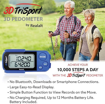3DTriSport Walking 3D Pedometer with Clip & Strap, eBook Included | 30 Days Memory, Accurate Step
