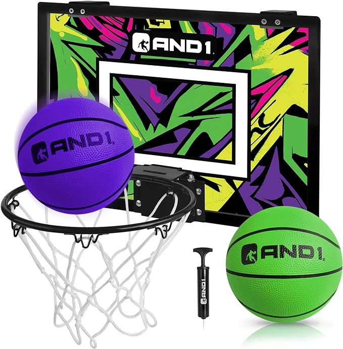 AND1 Over the Door Mini Basketball Hoop: 18x12 Shatterproof Backboard, 2 Mini Basketballs, and Hand