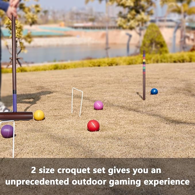 8 Players Croquet Set with 32In Regulation | 28In Standard Size Rubber Wood Mallets, Colored PE