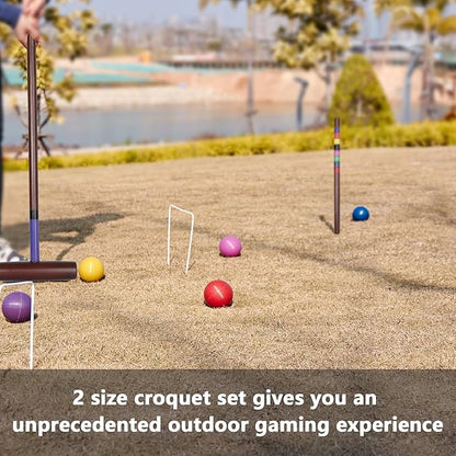 8 Players Croquet Set with 32In Regulation | 28In Standard Size Rubber Wood Mallets, Colored PE