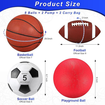 Deekin 8 Pcs Sports Balls Set for Adult Assorted Football Basketball Soccer Playground Balls