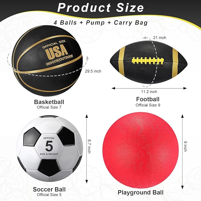 Lenwen 4 Pcs Sports Balls Set, Include Official Size Basketball Soccer Football Playground Ball