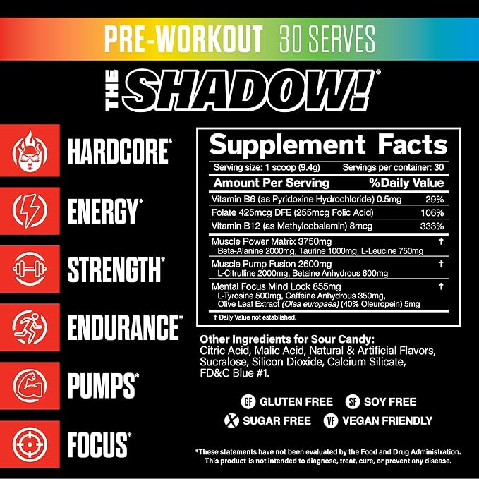 JNX SPORTS The Shadow! 350mg of Caffeine Hard Core Preworkout - Sour Candy 30 Servings | Electric