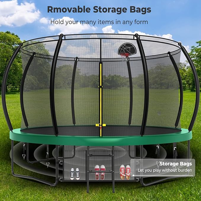 12 14 15 16FT Trampoline Outdoor with Basketball Hoop, Trampoline with Lights for Kids and Adults