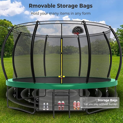 12 14 15 16FT Trampoline Outdoor with Basketball Hoop, Trampoline with Lights for Kids and Adults