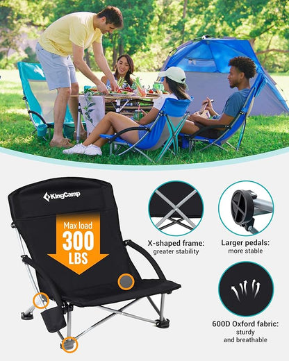 KingCamp Low Beach Chairs, Portable Folding Chair for Adults Extra Wide Ergonomic High Back Seat