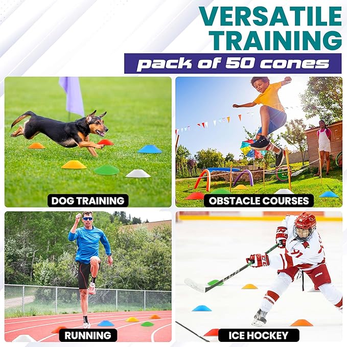Soccer Cones 100/50/25 Pack with Carry Bag & Holder Five Colors | Agility Disc Cones Set for