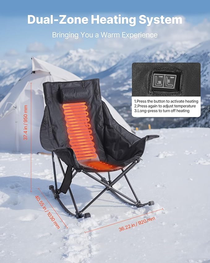 VEVOR Heated Camping Chair, 3 Heating Settings, Large-Sized Padded Folding Rocker, Heavy Duty