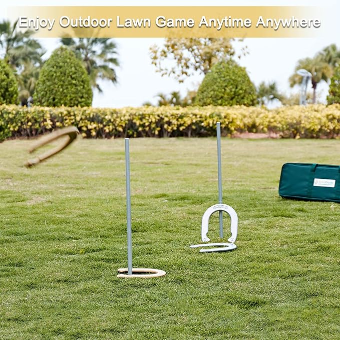 Horseshoes Set, Lawn Horseshoe Outside Game Kit for Teens Adults Families - Includes 4 Horse Shoes