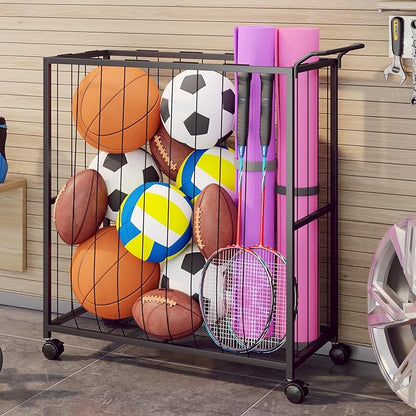 Ball Storage Bin Rolling Sports Ball Cart, Metal Garage Organizer Sport Rack, Ball Basket Storage