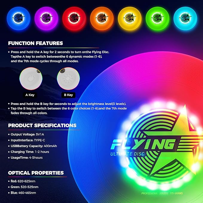 Glow in The Dark LED Flying Disc - 7 Dynamic Modes, 7 Colors, IP65 Waterproof, Perfect Birthday &