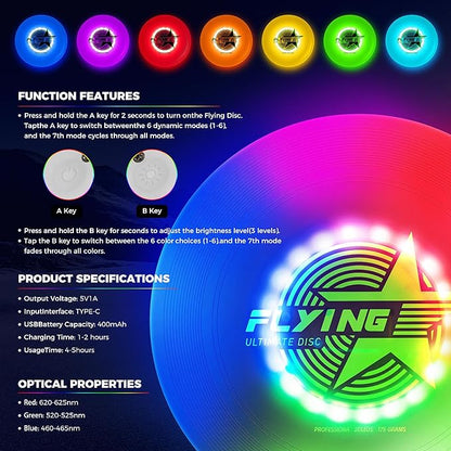 Glow in The Dark LED Flying Disc - 7 Dynamic Modes, 7 Colors, IP65 Waterproof, Perfect Birthday &