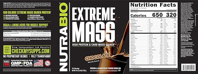 NutraBio Extreme Mass Gainer Protein Powder, 53G Protein, Clean Weight Gainer, Increase Muscle