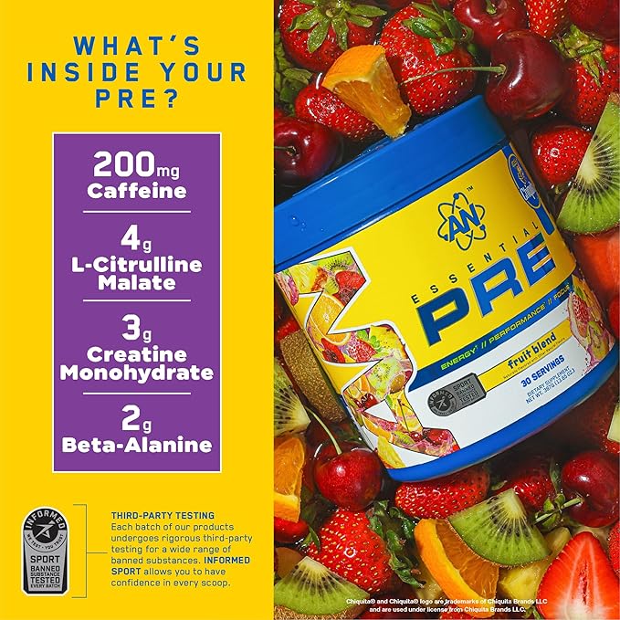 AN Essentials Pre-Workout Powder Supplement for Men & Women | Energy Drink Mix with 200mg Caffeine