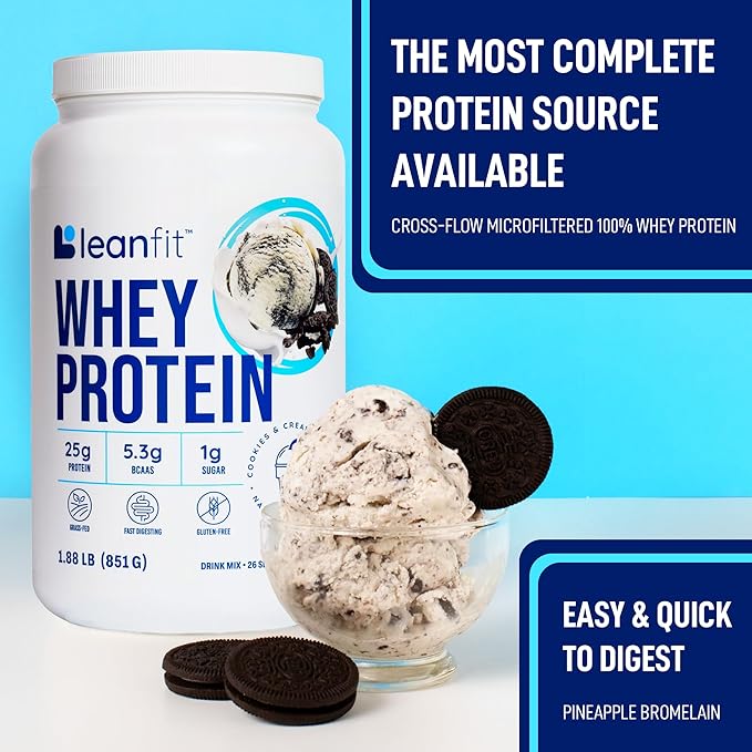 LeanFit WHEY Protein Cookies & Cream - 100% Whey Protein Powder, 25g Protein Per Serving