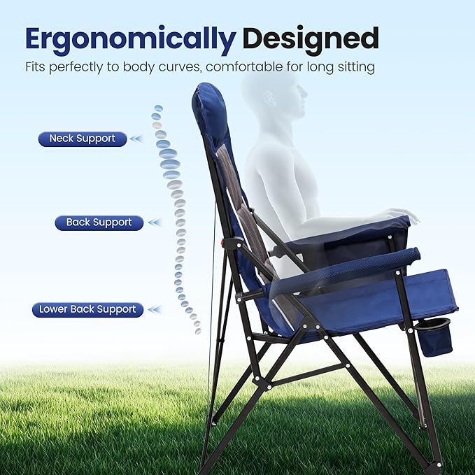 HIGH POINT SPORTS Oversized Camping Chairs for Adults, High Back Heavy Duty Lawn Chair Support