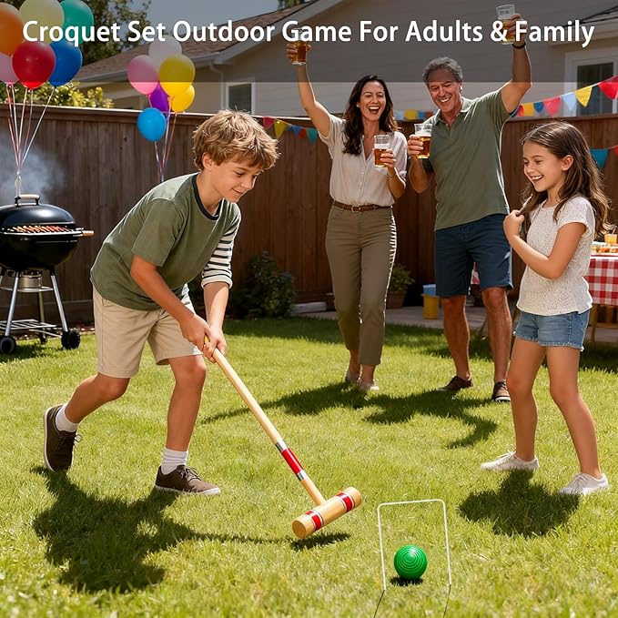 Pointyard Six Player Croquet Set, 28’’ Croquet Set with Wooden Mallets/Colored Ball/Wickets/Stakes