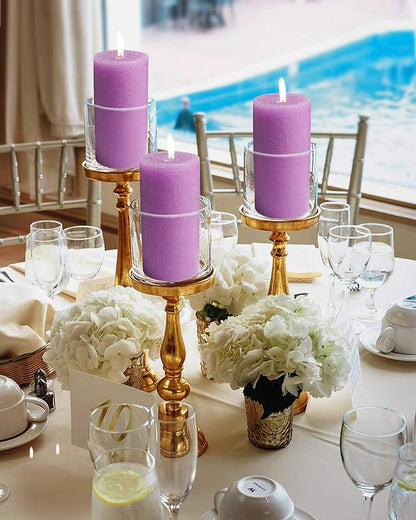 Mottled Pillar Candles by Bask - Set of 6-3" x 6" Dripless Unscented Candles in Purple for Home