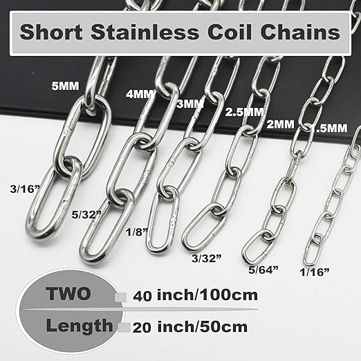 1/16 inch(1.5mm) Wire Diameter Stainless Steel Safety Chains 20 inch Long Link Rings Light Duty