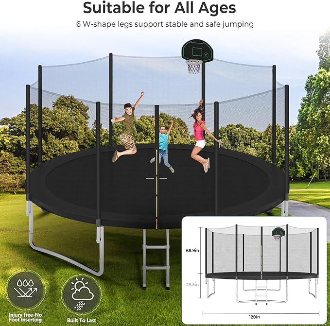 Upgraded 10/12/14/15/16FT Trampoline Outdoor, Large Kids Trampoline with Light, Stakes, Sprinkler