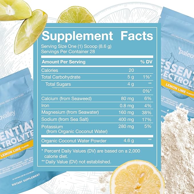 Paleovalley Essential Electrolytes Powder - Full Spectrum Lemon Lime Electrolyte Powder for