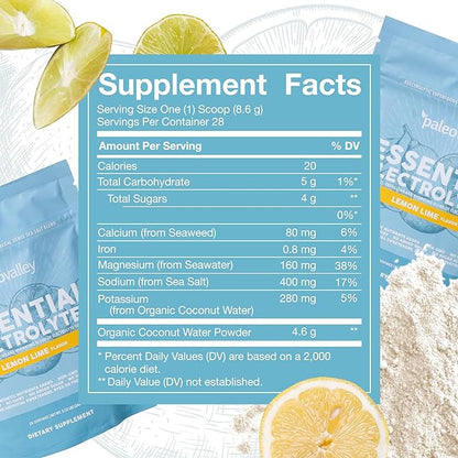 Paleovalley Essential Electrolytes Powder - Full Spectrum Lemon Lime Electrolyte Powder for